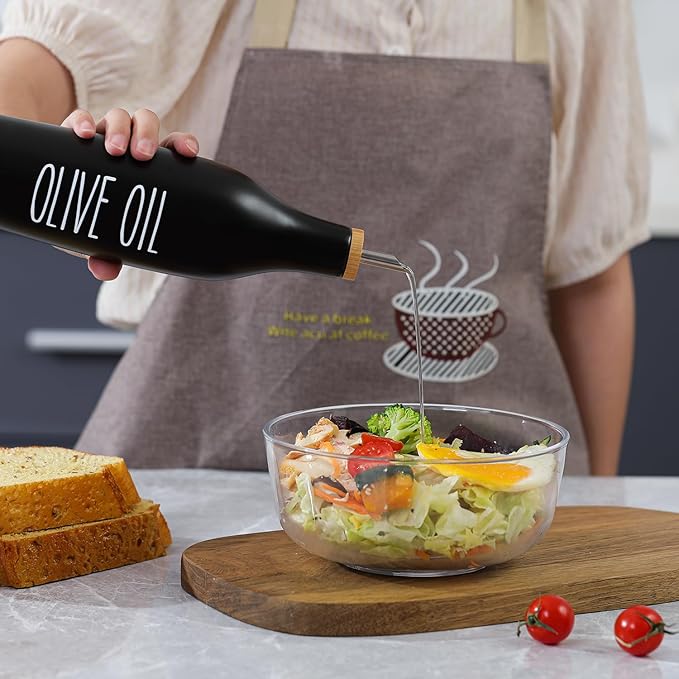 HOMCDALY Olive Oil and Vinegar Dispenser Set, Ceramic Oil and Vinegar Bottles with Bamboo Tray, 16.9oz Kitchen Cruet - Set of 2 - Black