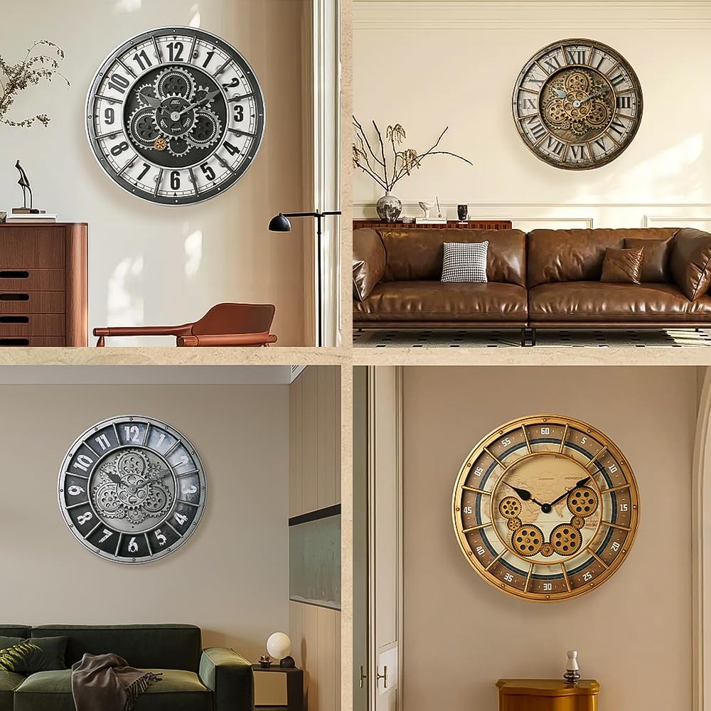 18 Inch Wall Clock with Moving Gears, Oversized Large Industrial Steampunk Decoration, Antique Metal Big Numeral Wall Clocks for Kitchen Study Room Living Room Decor (World Map Classical Gold)