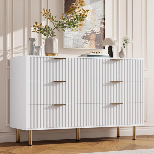 White 6 Drawer Dresser for Bedroom, Fluted 54" Wide Modern Chest of Drawers with Deep Drawers, Long Large Double Dresser TV Stand for Living Room, Hallway, Kids Room