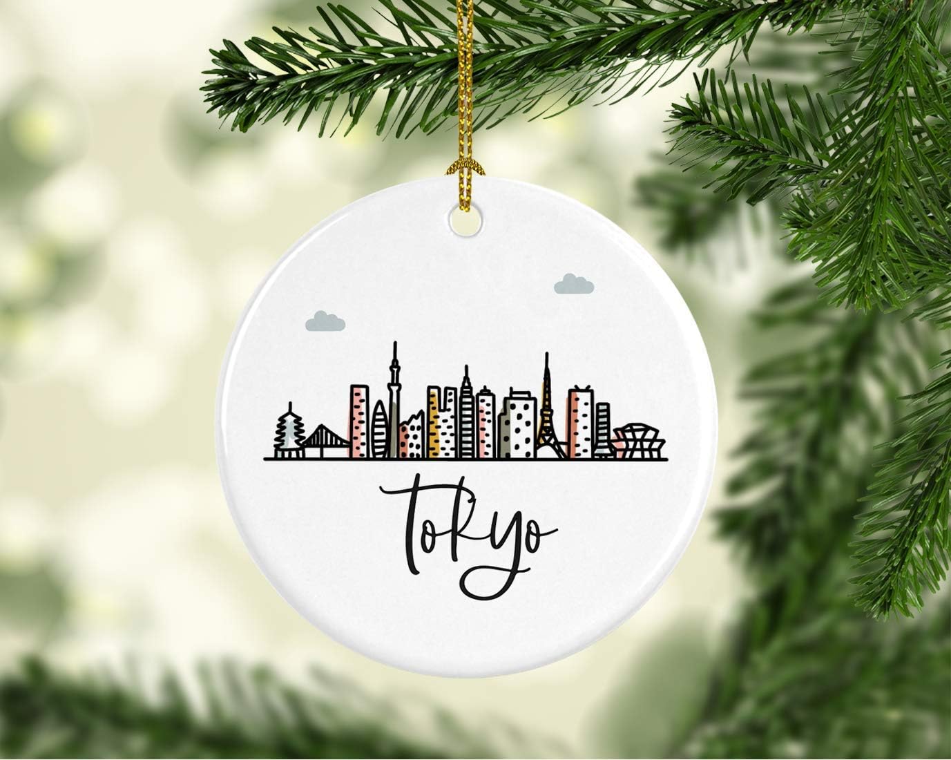 Andaz Press Round Ceramic Porcelain Christmas Tree Ornament Keepsake Gift, Tokyo, Colorful International City Skyline Graphic, 1-Pack, Birthday Ideas Family Coworker Him Her, Gift Box
