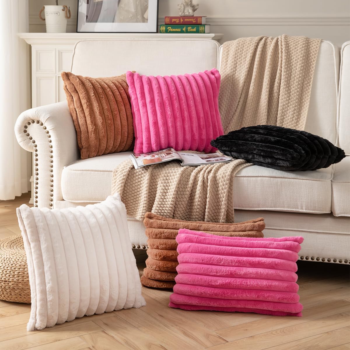 DEELAND Pack of 2,Double-Sided Faux Fur Plush Decorative Throw Pillow Covers Fuzzy Striped Soft Pillowcase Cushion Covers for Sofa Couch Bedroom Brown 20x20 inch