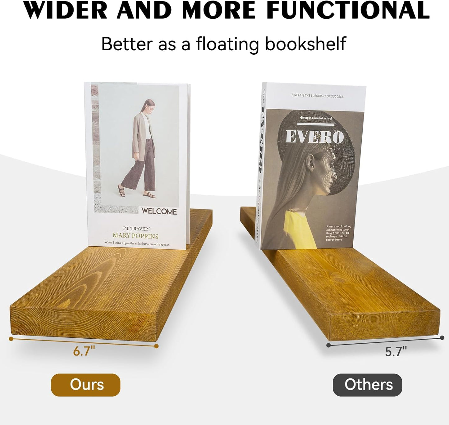 BGMG Wood Floating Shelves for Wall 16 inch Set of 2, Rustic Wooden Wall Mount Shelves for Living Room Bedroom Kitchen Farmhouse-16x6.7x1.25 inch- Gold Oak