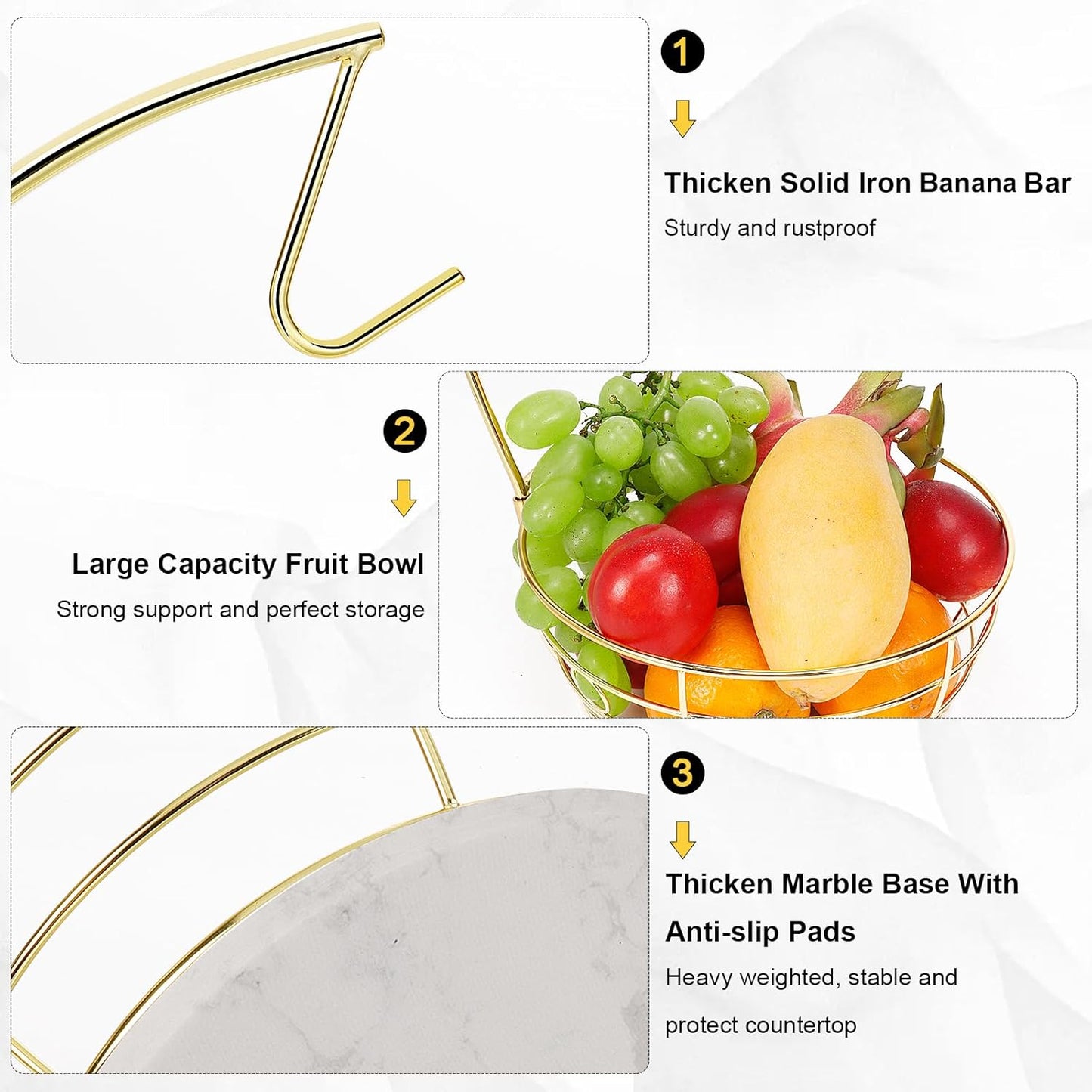 Livabber Countertop Fruit Basket Bowl with Banana Hanger, Modern Standing Fruit Vegetable Bowl Storage, with Banana Tree Holder for Kitchen Dinning Table (Round Marble, Gold)