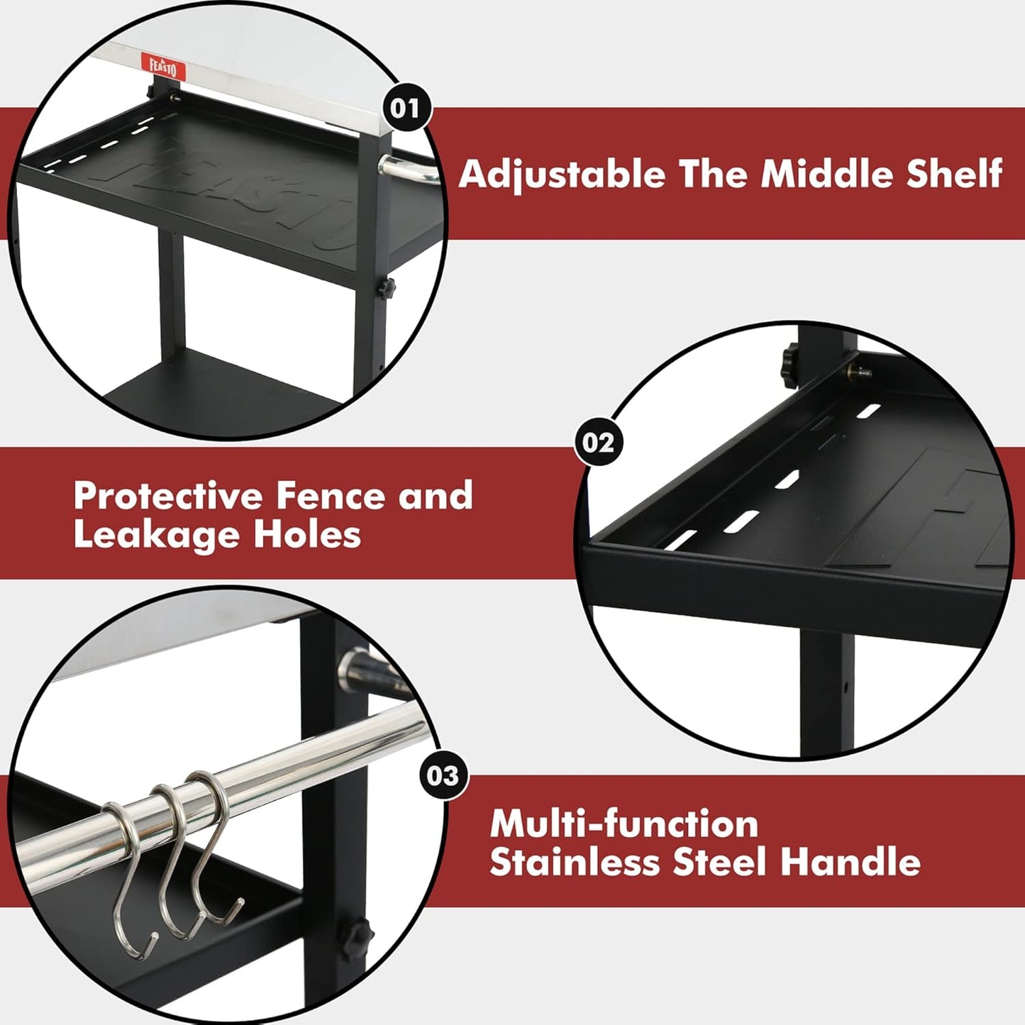 3-Shelf Grill Table,Pizza Oven Stand with Adjustable Shelf, Movable Grill Cart, for Outside,Outdoor Bar Cart with Wheels,Stainless Steel Tabletop,L34xW16.1