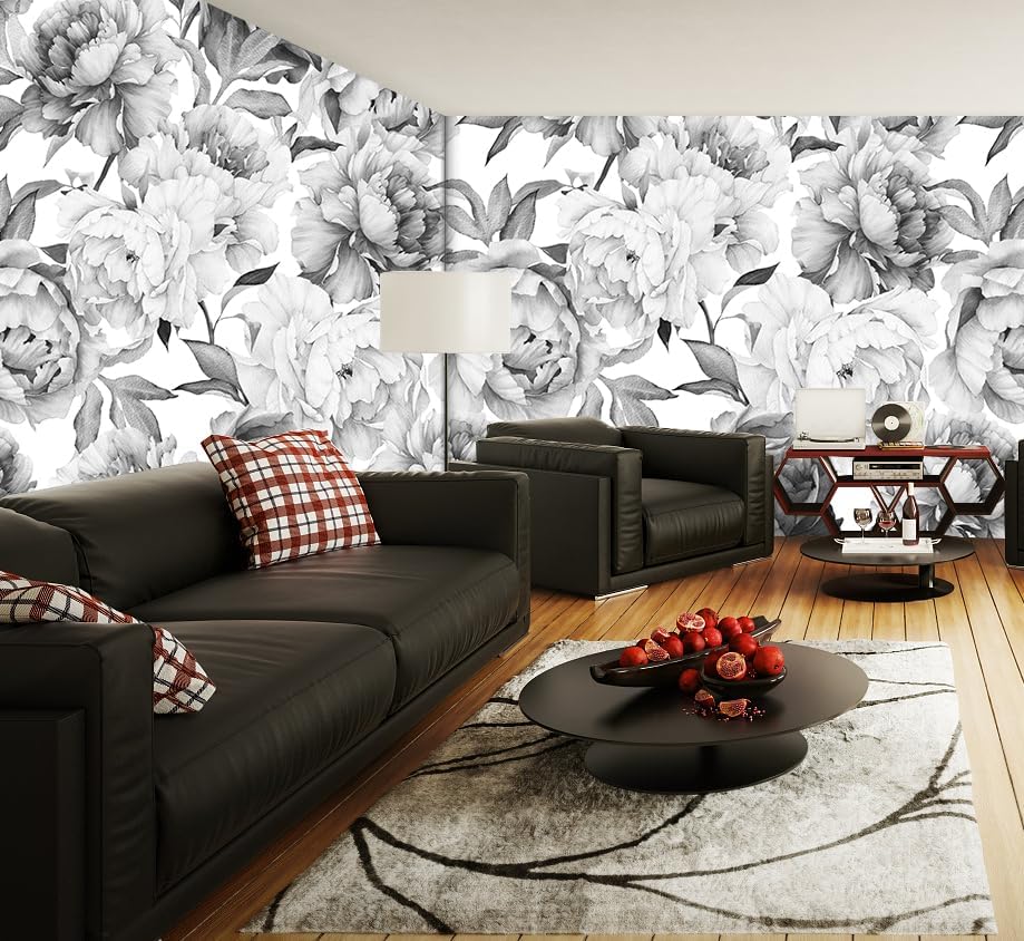 Gray Peonies Wallpaper Watercolor Floral Mural Wallpaper for Nursery(Not Peel n' Stick)