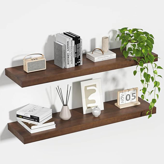 Fun Memories Farmhouse Floating Shelves - 8 Inch Deep Rustic Wood Wall Shelf - Premium Solid Pine Wood Storage Shelf for Kitchen Living Room Bedroom - 30" W x 8" D - Set of 2 - American Walnut