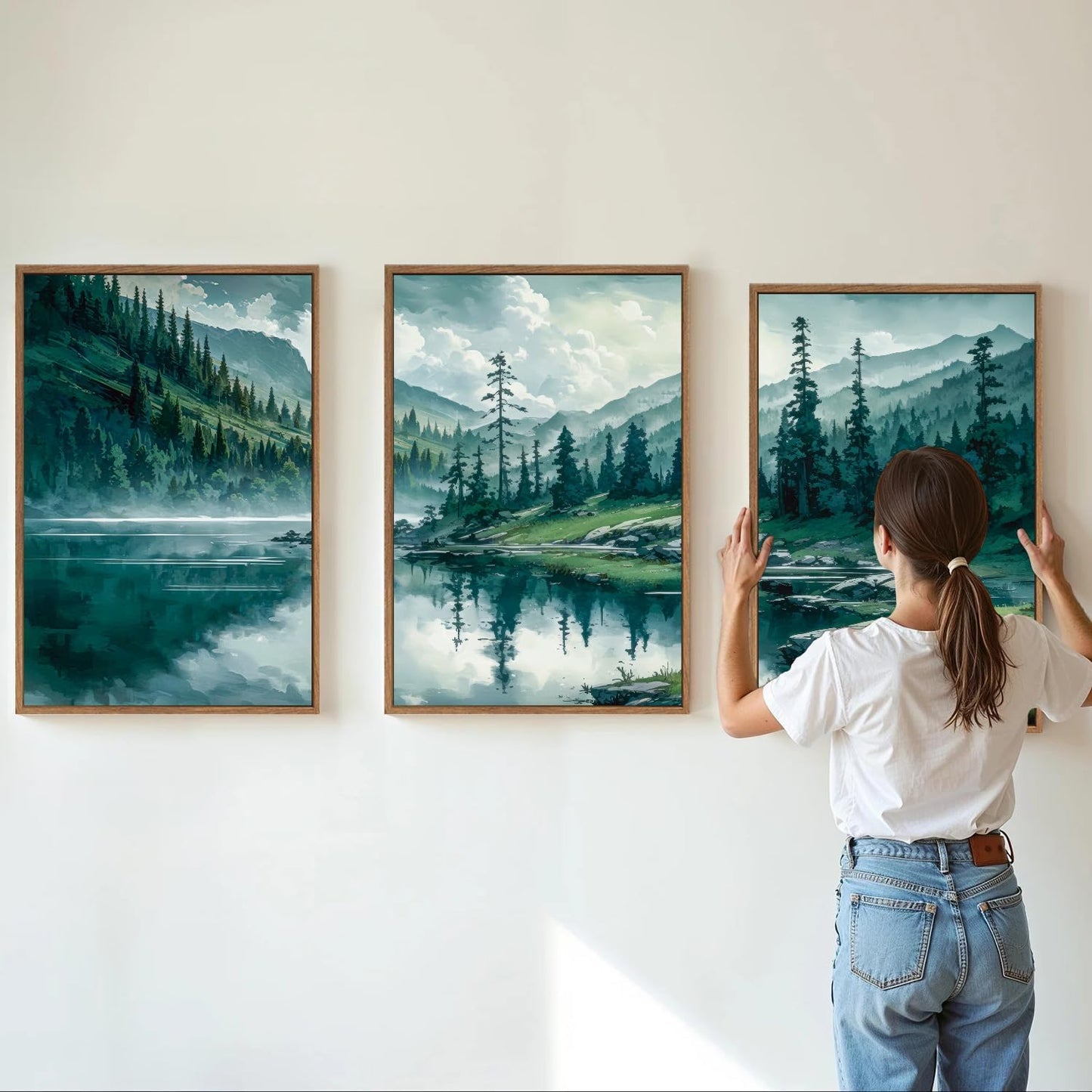 Tinonedraw Large Nature Forest Framed Canvas Wall Art Set, Boho Mountains Calming Lake Wall Decor, Green Pine Trees Artwork, Northern Wilderness Art Painting for Living Room Bedroom Office 16"x24"x3