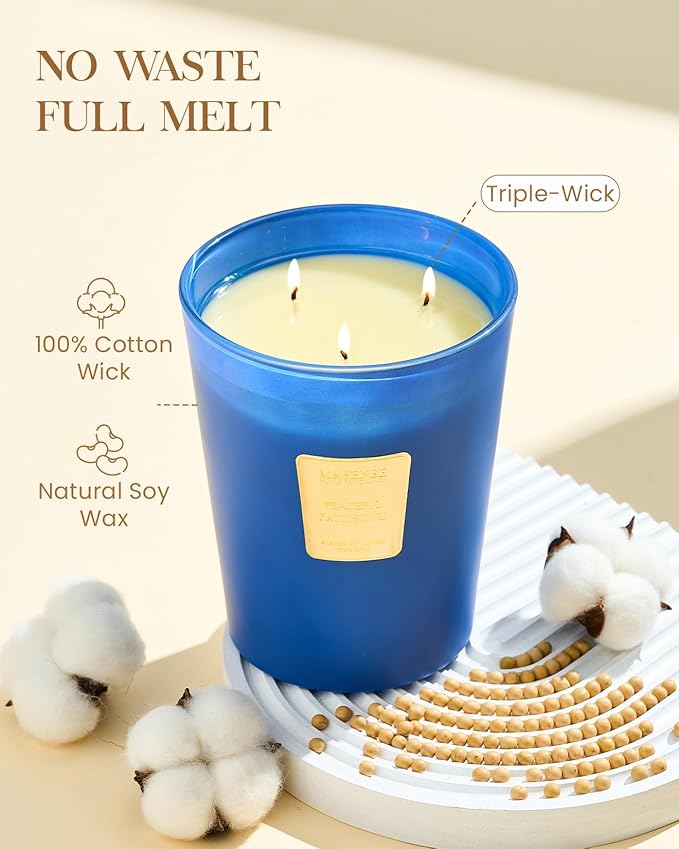 M&SENSE Peaceful Patchouli Scented Candle 35oz 150H Burn Time Long Lasting, 3-Wick Natural Aromatherapy Candle Highly Scented, Home Fragrance Housewarming Gifts