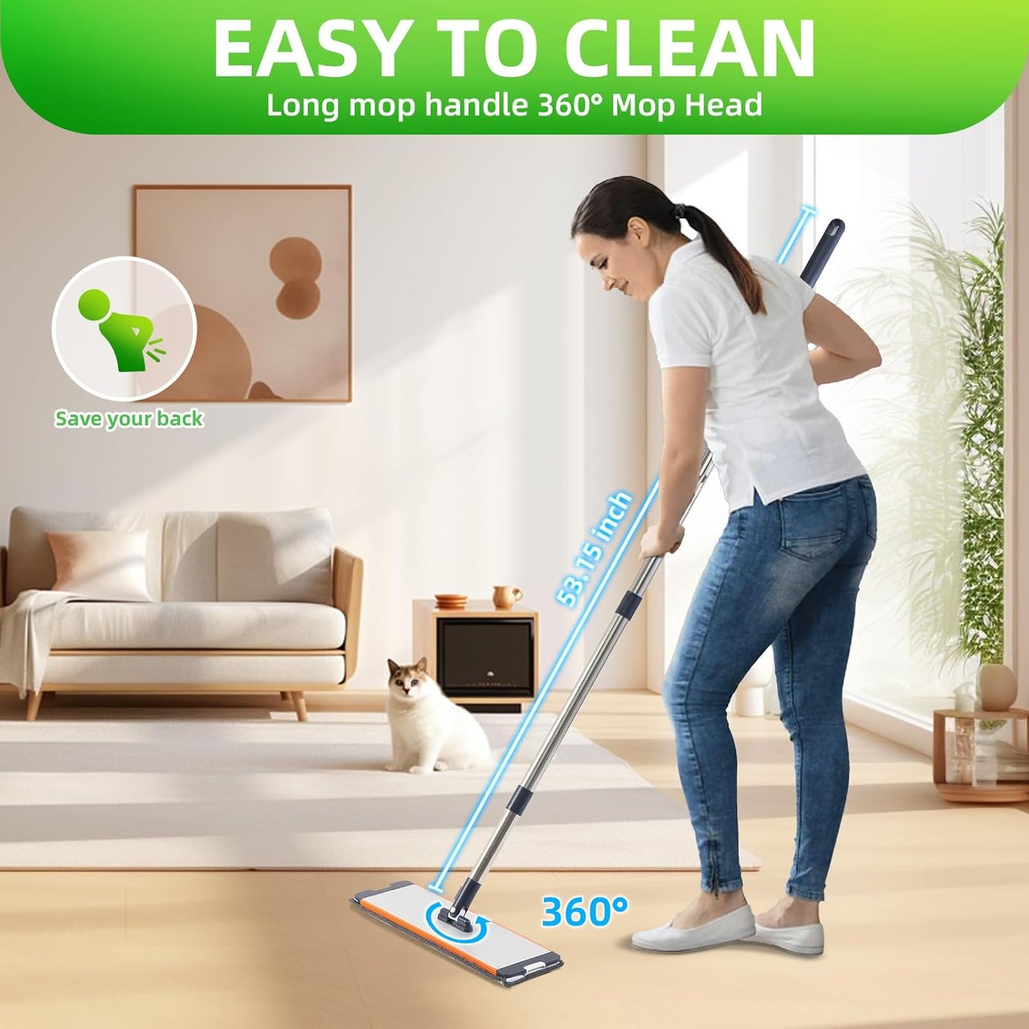 Mop and Bucket Set with Wringer for Home, 360° Flat Squeeze Mop with Long Handle and 6 Microfiber Cloths for Floor Cleaning (White+Blue, Slim Bucket and 15.7'' Aluminum Alloy Mop Head)