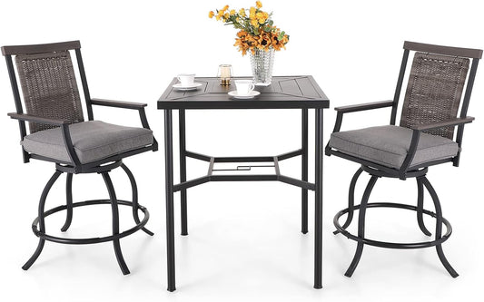 PHI VILLA 3 PCS Patio Bar Set, Bar Height Chair with 3.5" Thicker Cushion & Retro-Metal Square Table,Sturdy and Durable,Outdoor Height Bar Dining Set for Poolside,Yard