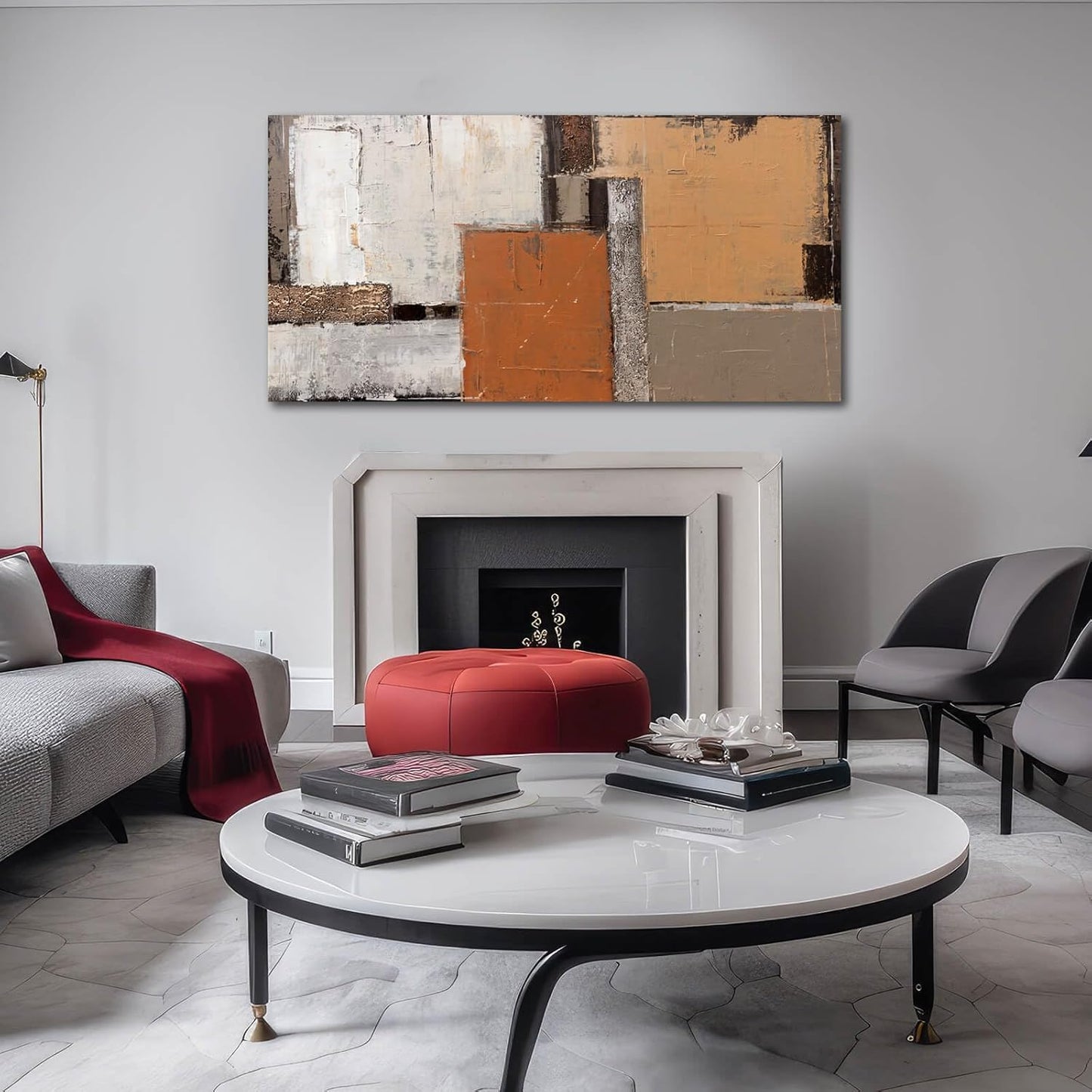 Orange Abstract Canvas Photo Prints Living Room White Artwork Brown Block Painting for Room 29"x 58" Office Wall Art Bedroom Hallway Decor
