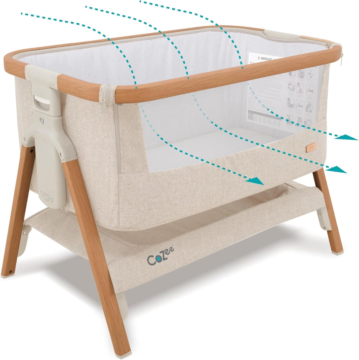 CoZee® 2-in-1 Baby Bassinet & Bedside Sleeper - Fast-Folding Bedside Bassinet, Baby Crib with 6 Mattress Heights & Breathable Mesh Window, Mattress Included, 0-6 Months (Walnut & Ecru)