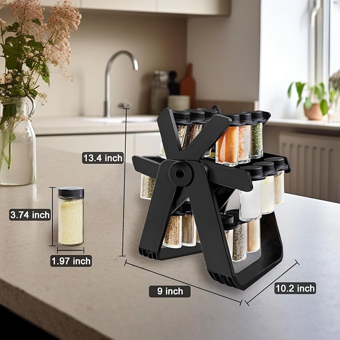 Rotating Spice Rack - Revolving Ferris Wheel Countertop Spice Organization with 18 Glass Spice Jars Countertop Spice Storage Rack for Families Kitchen