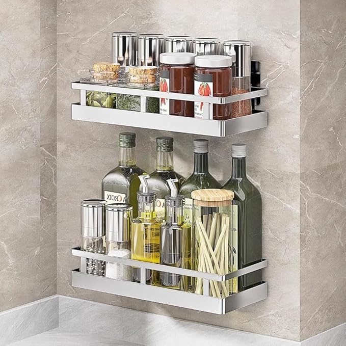 SUS304 Stainless steel Wall Mount Spice Rack Storage Basket - Seasoning Container, Kitchen Spice Organizer -Kitchen Seasoning Hanging Rack - Bathroom Shelf (Silver)