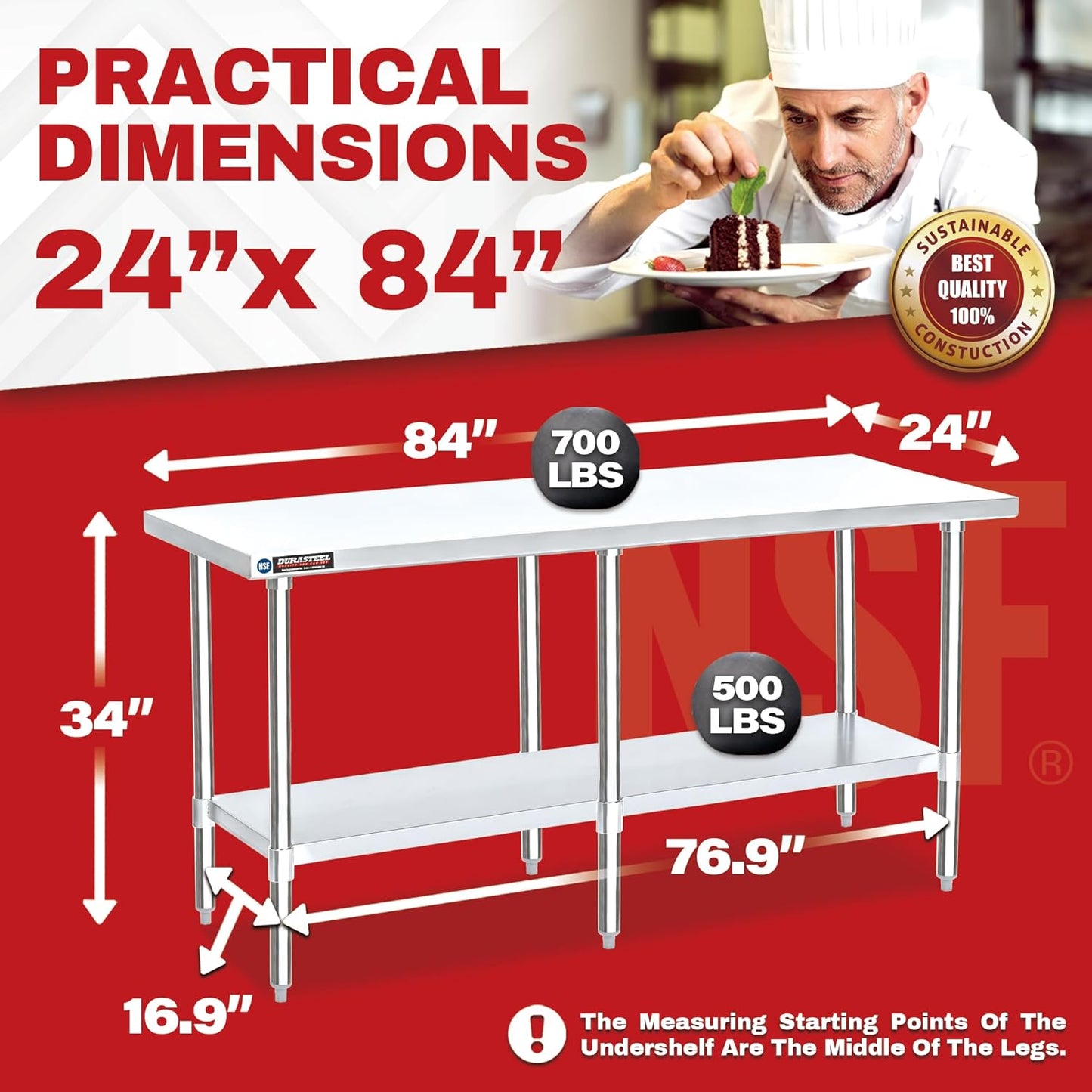 DuraSteel 24x84 Stainless Steel Work Table - NSF Commercial Prep Metal Table - Outdoor Pizza Oven Stand w/Under Shelf - Kitchen Island Laundry Utility Garage Microwave Stand Large Rolling Storage Cart