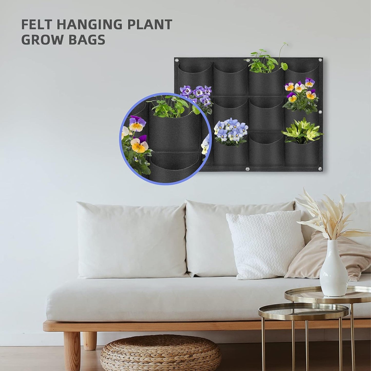 12 Pockets Hanging Planter Bags, Hanging Vertical Wall Mounted Plant Planting Grow Bags, Herb Garden Planter Outdoor Indoor Growing Bag, Gardening Vertical Greening Flower Container(0.6m×0.8m, Black)