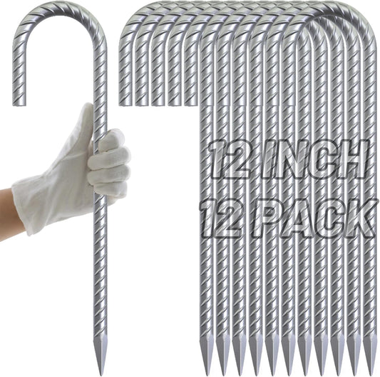 AAGUT Rebar Stakes 12 inch Galvanized Metal Tent Stakes 3/8" Heavy Duty Ground Anchor Stake for Large Canopy and Fence, J Hook Stakes Easy to Push into Hard Soil,12 Pack