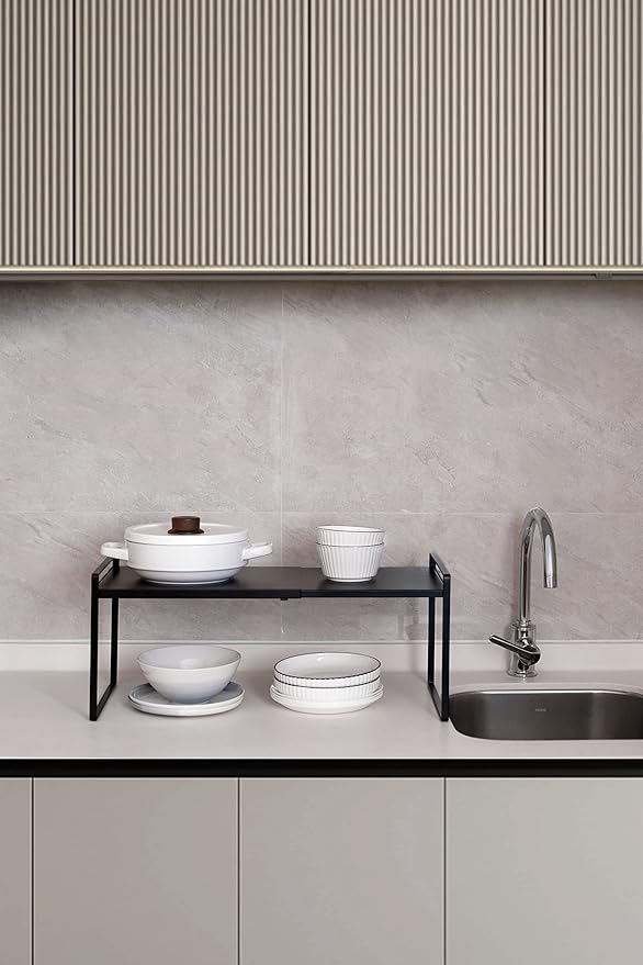 Nxconsu Expandable Cabinet Shelf Organizer Riser for Kitchen Pantry Cupboard Under Sink Countertop Home Storage Organization Rack Space Saver Freestanding Heavy Duty Nonslip Stackable Black