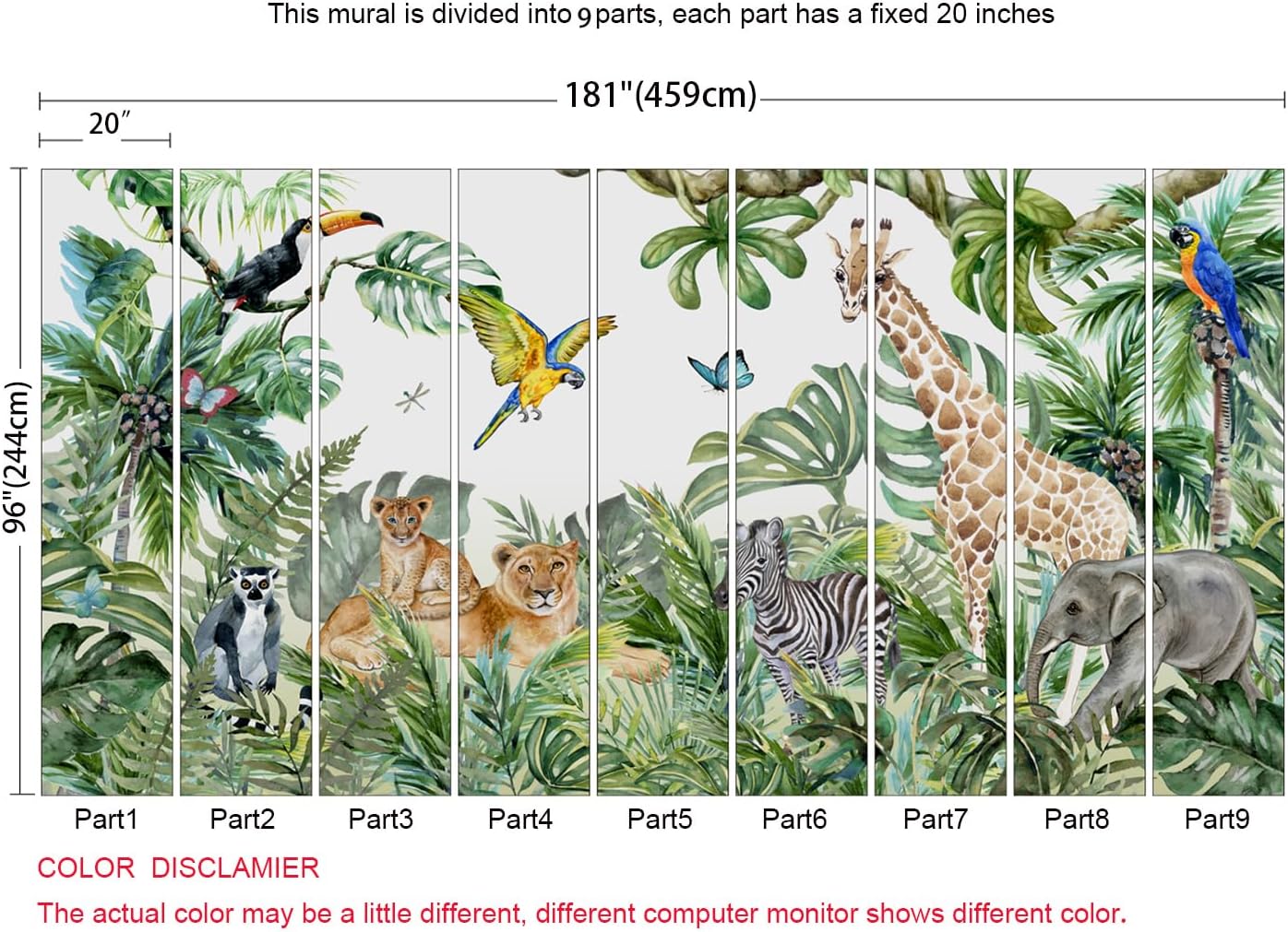 Safari Wallpaper for Children with Animals Jungle Wall Mural Watercolor Animals Nursery Wallpaper Kids Room Decor(Not Peel n' Stick)