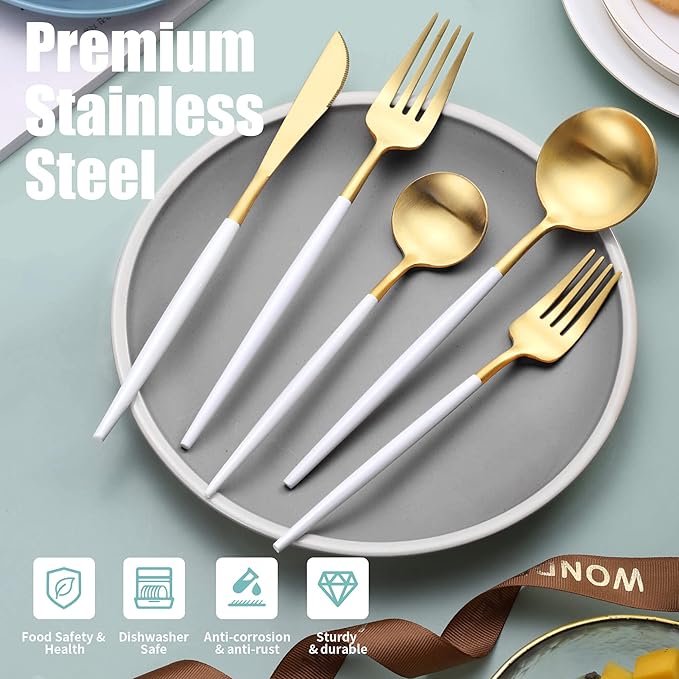 Matte White Gold Silverware Set for 4,Modern Stainless Steel Brushed Cutlery Set,20-Pieces Heavy Duty Flatware Set,Knives Spoons and Forks Set Utensils Set, Satin Finish, Dishwasher Safe