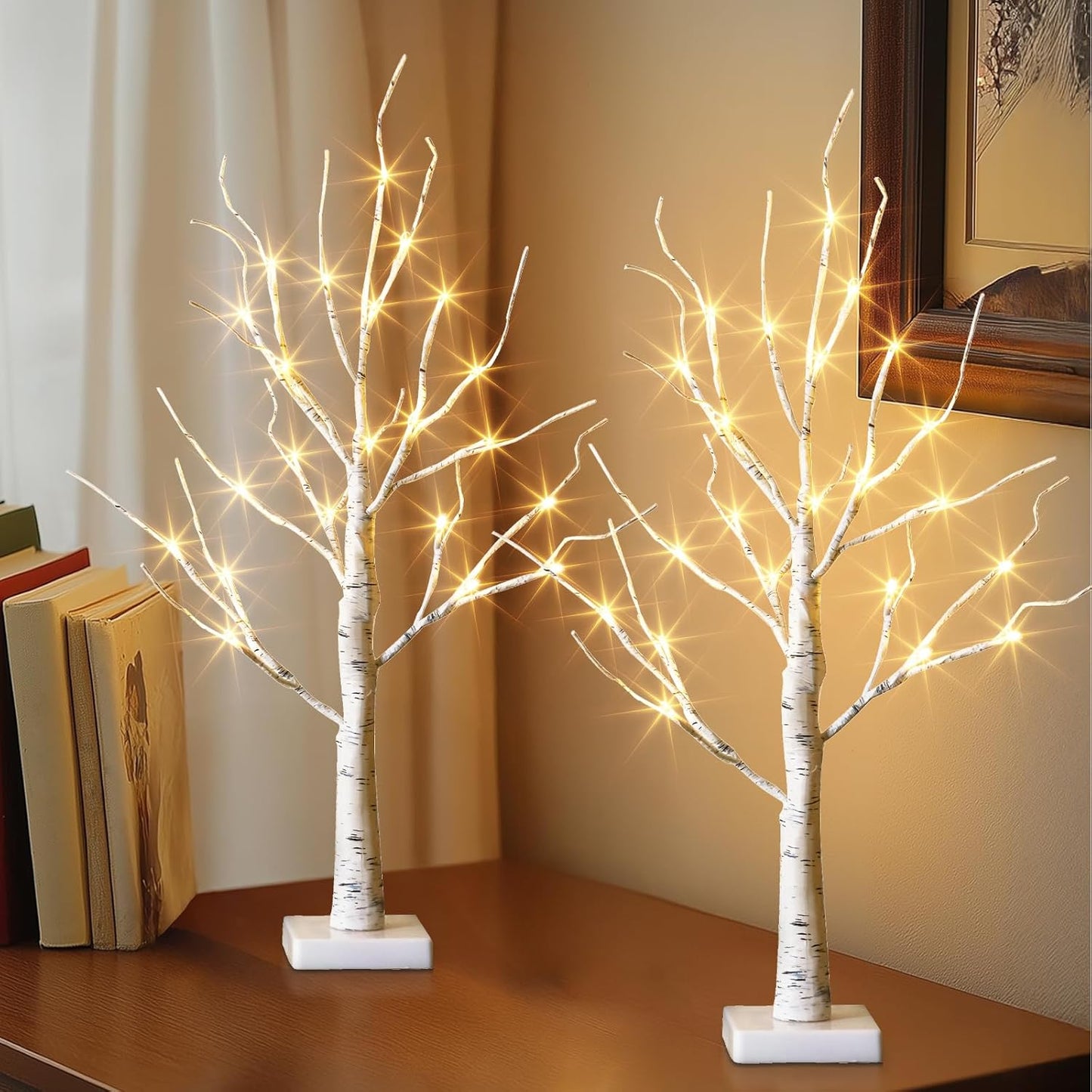 EAMBRITE Lighted Birch Tree Christmas Decorations Indoor for Home, 2Pack 24 LED Battery Operated/USB Tabletop Mini Small Artificial White Trees with Lights for Table Mantel Winter Xmas Decor (2FT)