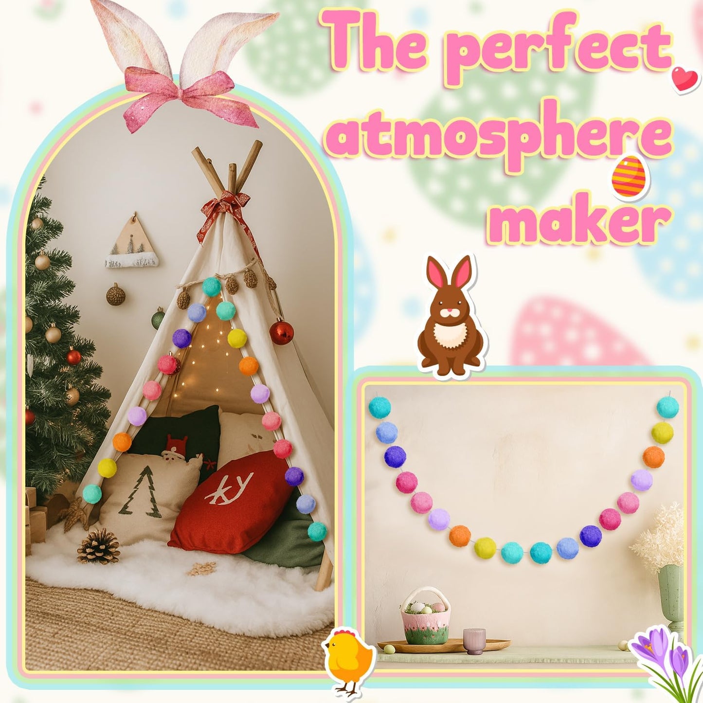 Boao 2 Pcs 2 Inch Large Pastel Colorful Pom Pom Garland 13 ft Long Felt Ball Rainbow Banner 36 Balls for Classroom, Christmas, Mantle Decor, Easter Tree Ornaments, Baby Shower Party Hanging Decor