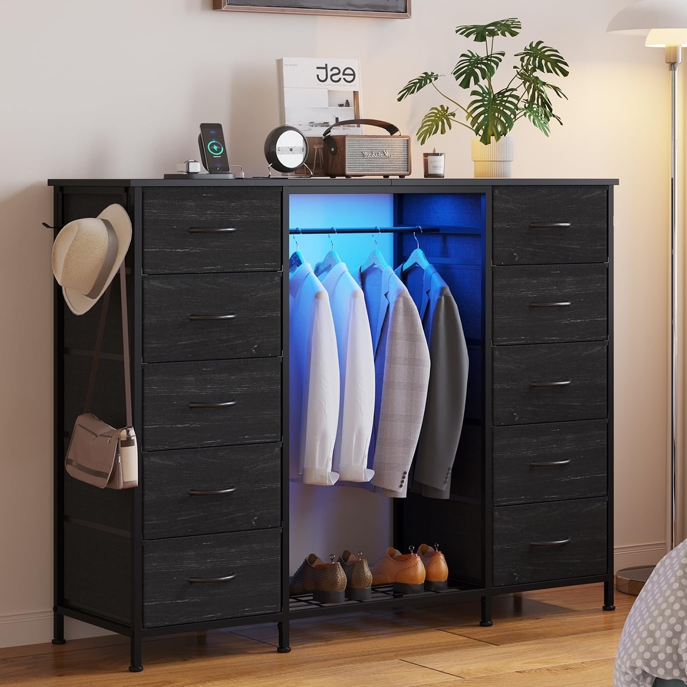 LUMTOK 55" W 2-in-1 Dresser with Hanging Rack, 10 Drawers Dresser for Bedroom,Dressers with Fabric Drawers,LED Lights, Charging Station and Hanging Racks for Bedroom