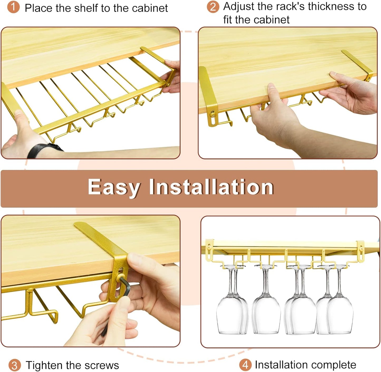 AUHOKY Adjustable Wine Glass Holder Under Shelf, Nail Free Metal Stemware Holder Storage Hanger, Hanging Wine Glasses Rack Organizer Under Cabinet Mount for Bar Kitchen (4 Rows, Gold)