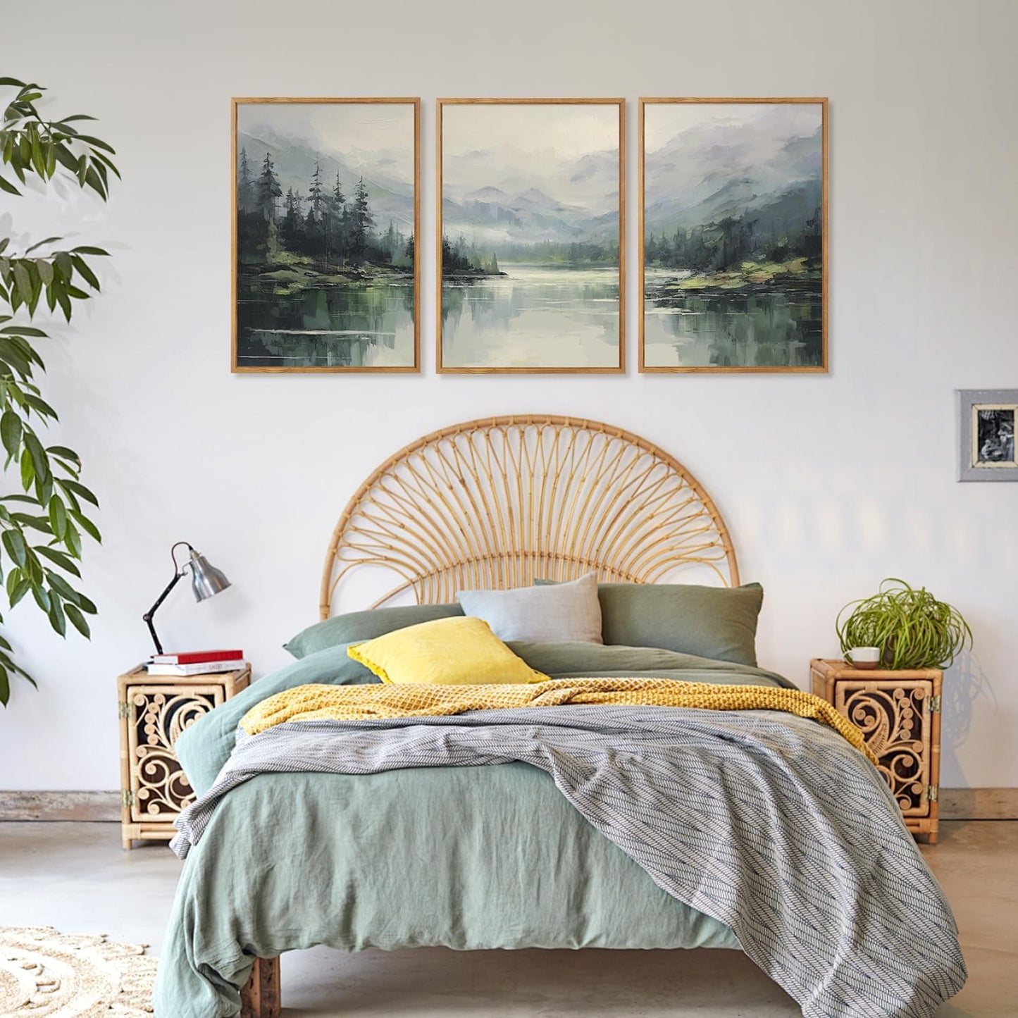 Aurlan Emerald Green Mountain Lake Landscape Framed Wall Art(16"x24"), 3PCS Abstract Forest Nature Canvas Artwork, Large Minimalist Watercolor Modern Pine Trees Scenery Decor for Office Home