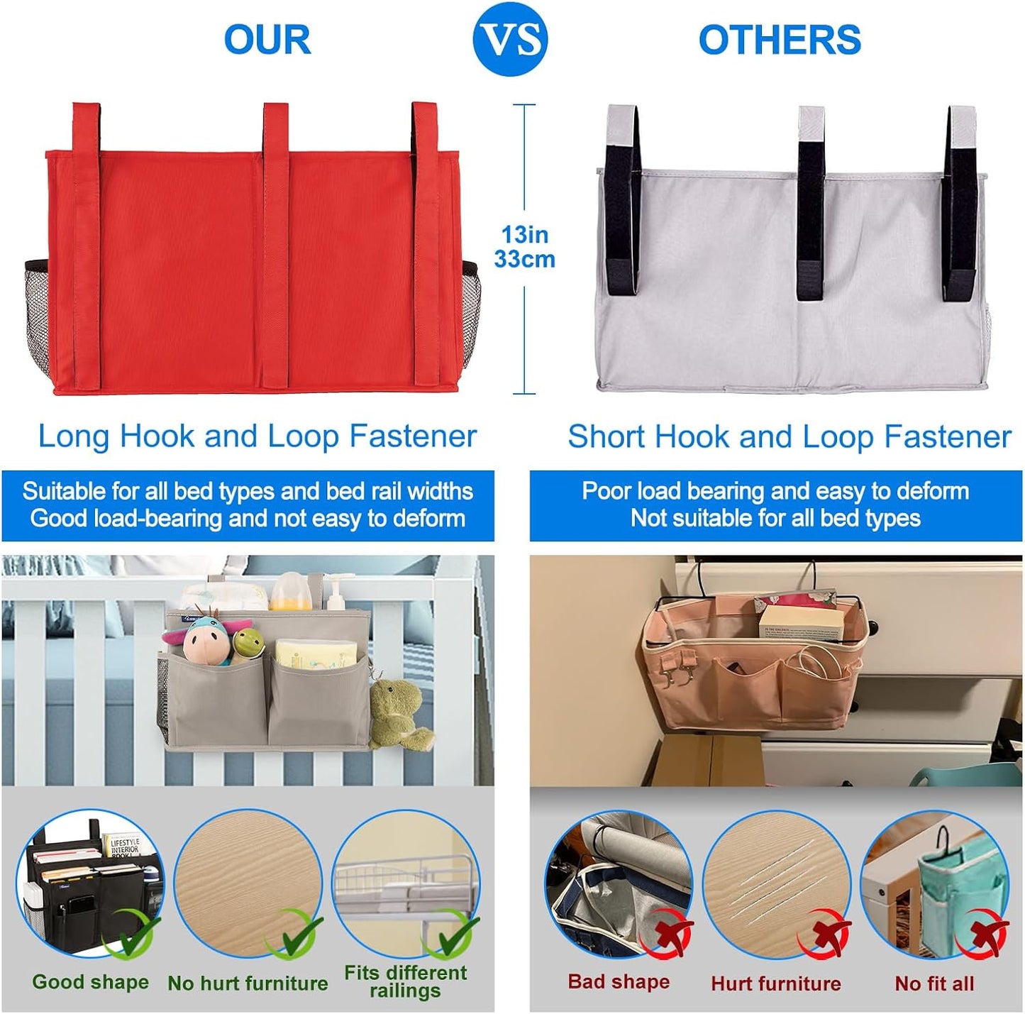 Surblue Caddy Hanging Organizer Bedside Storage Bag for Bunk and Hospital Beds, Red, L