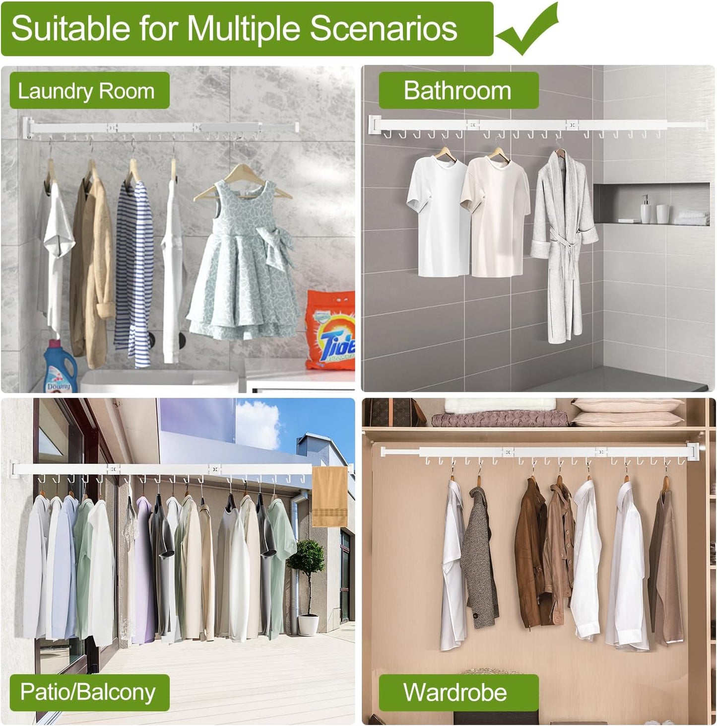 Foldable Clothes Drying Rack, 2 Fold Laundry Drying Rack Wall Mount, [No Drilling] Folding & Durable Space Saver for Laundry, Balcony, Bathroom, Patio, Dormitory, Apartment-White