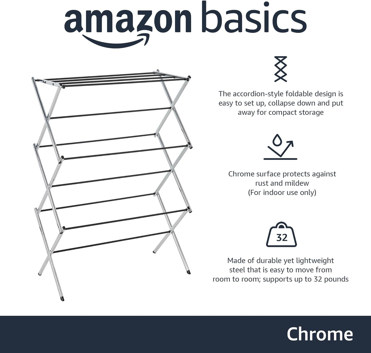 Amazon Basics Foldable Portable Laundry Drying Rack for Indoor Air Drying Clothing, 14.5 x 29.5 x 41.8 inches (LxWxH), Chrome Silver