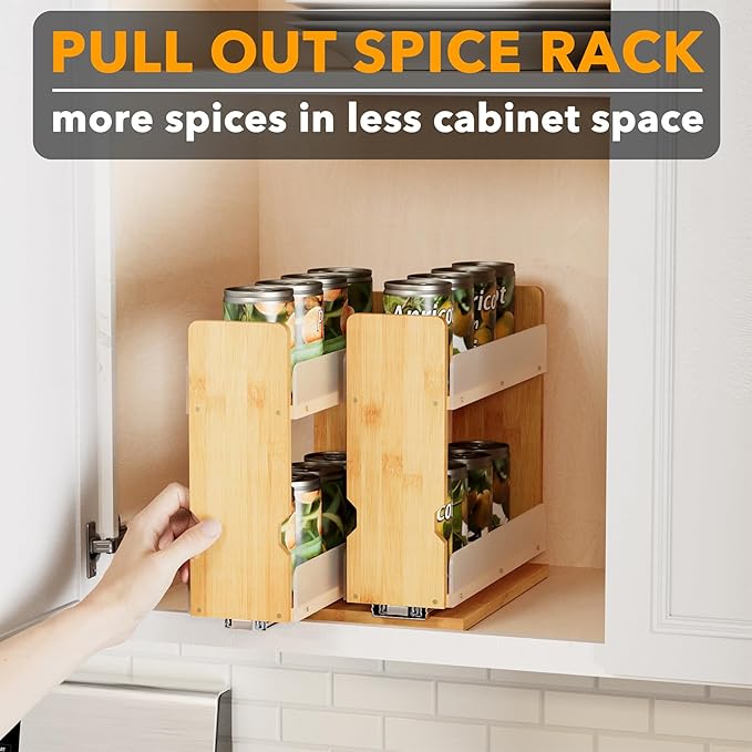 SpaceAid Bamboo Pull Out Spice Rack Organizer for Cabinet, Heavy Duty Slide Out Seasoning Kitchen Pantry Sliding Vertical Organization, 7.3" Wide, 2 Drawers(3" Wide), 2-Tier, Natural