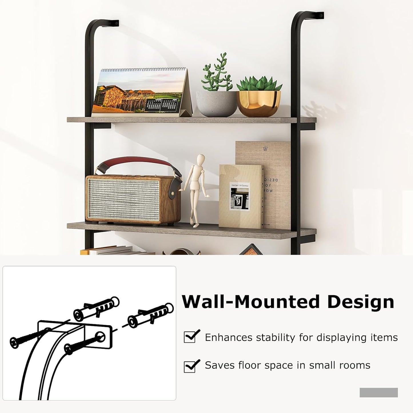 Giantex 4-Tier Industrial Bookshelf of 2, Wall Mounted Pipe Shelving Unit, Floating Shelves with Metal Frame, Hanging Wall Display Shelf, Wood Ladder Bookshelf for Living Room, Kitchen,Gray Oak