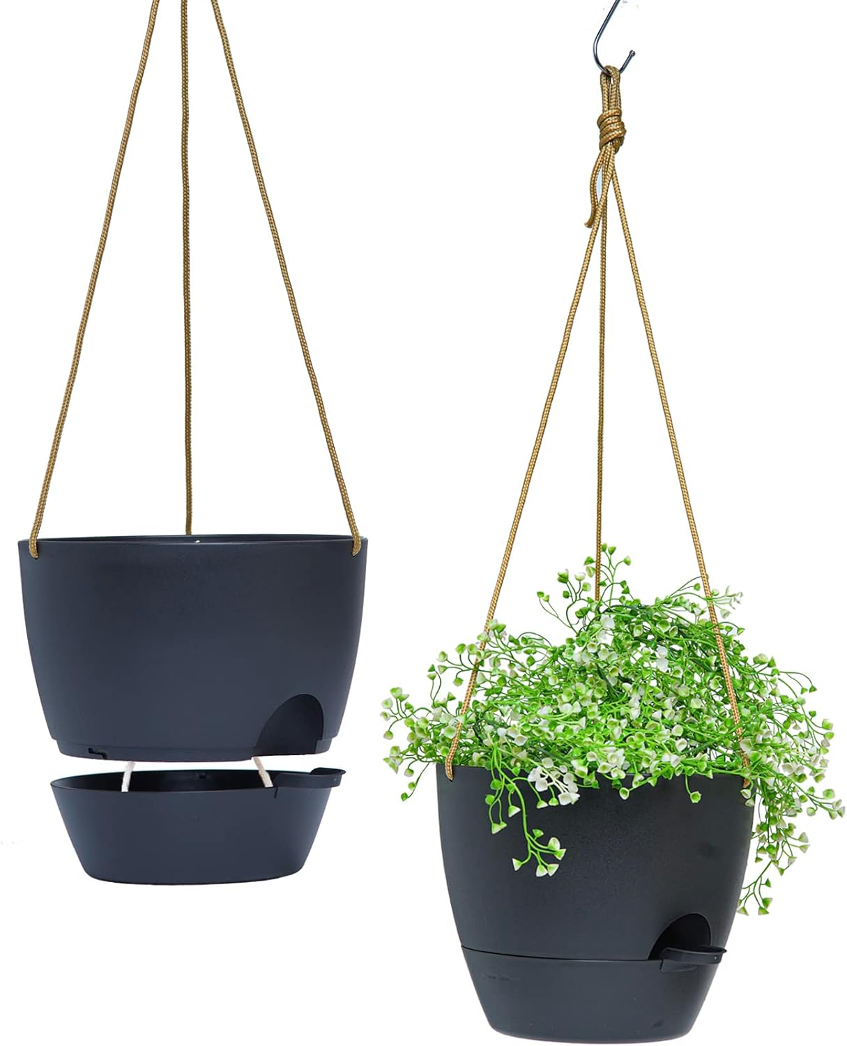 8 inch Hanging Planters, 2 Pack Self Watering Hanging Pots with 20oZ Deep Reservoir for Indoor Outdoor Plants Flowers, Black
