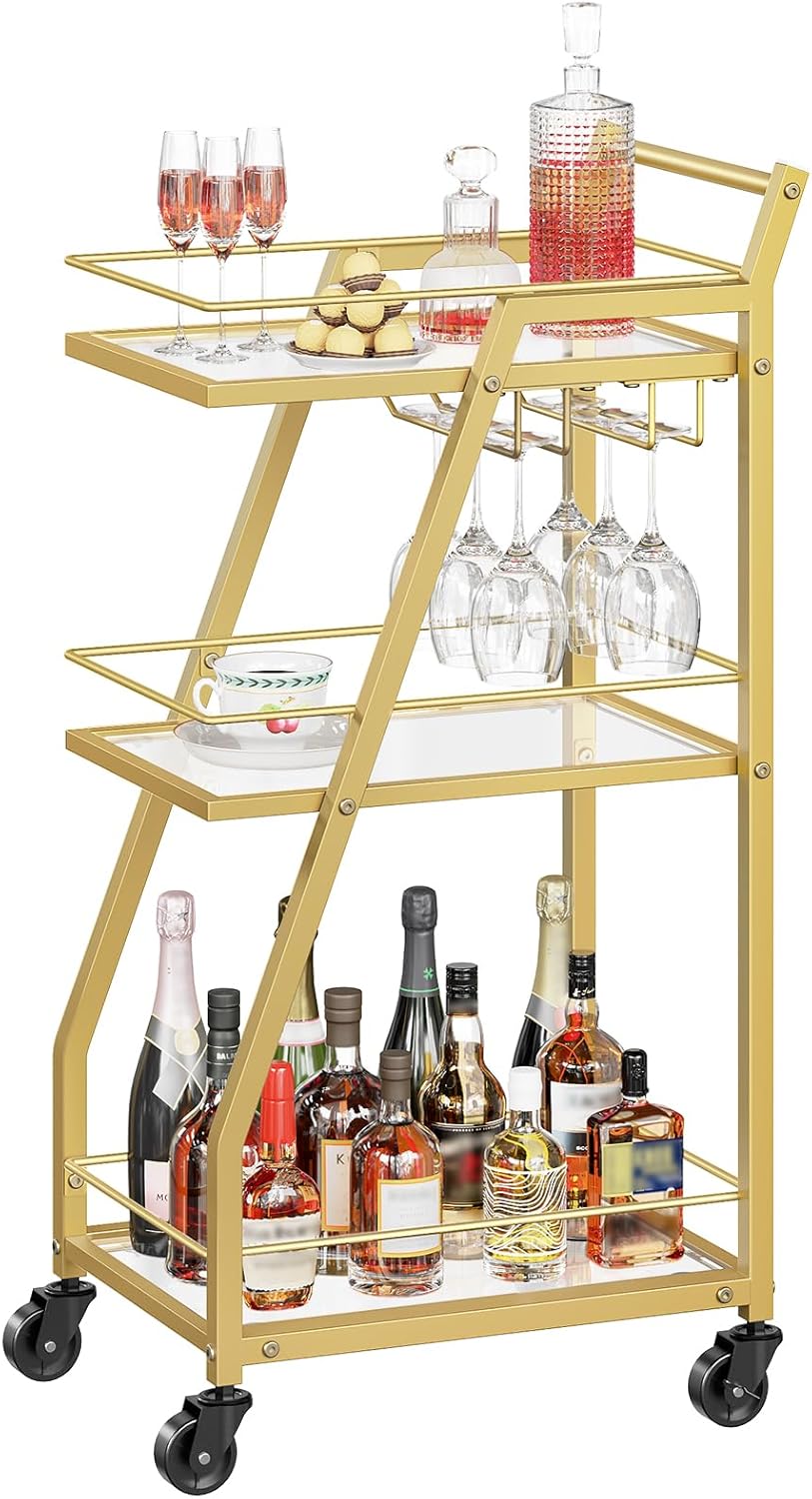 Bar Cart, 3-Tier Bar Cart for The Home, Home Bar Serving Cart with Glass Holders, Beverage Cart for Kitchen, Dining, Party Room, Gold BC03GD