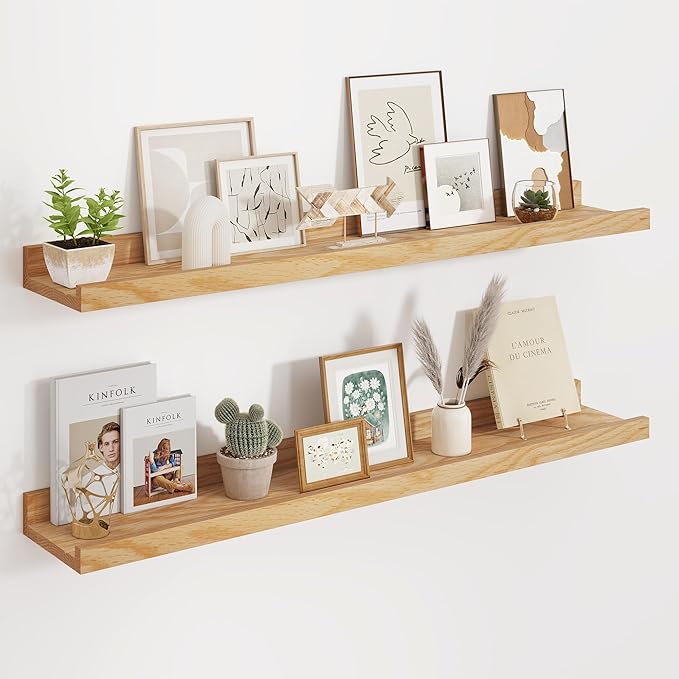 Floating Picture Ledge Shelves 36 Inch Solid Oak Wood Set of 2, Rustic Wall Storage Shelves with Lip, Kids Bookshelf, Photo & Picture Ledge Shelves for Bedroom, Living Room, Kitchen