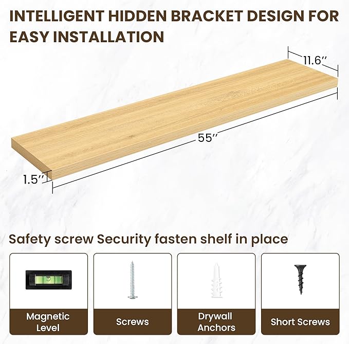 55 Inch Floating Shelves, 11.6 Inch Deep Floating Shelves for Wall, Floating Shelf with Invisible Brackets, Deep Shelves for Bathroom, Bedroom, Living Room, 1 Pack, Natural