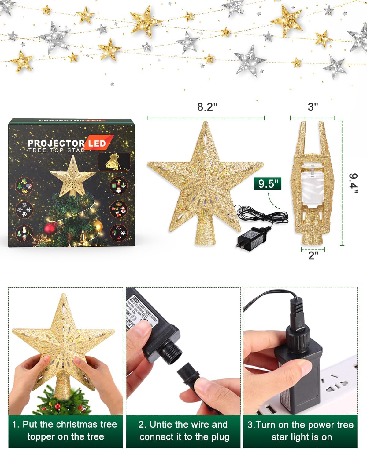 Kesfitt Christmas Tree Topper with 10M Warm Light Cord, Tree Top Star Decoration with 6 Projection Modes, Gold Tree Topper Lighted 3D Glitter Dynamic Projection for Xmas Party Holiday