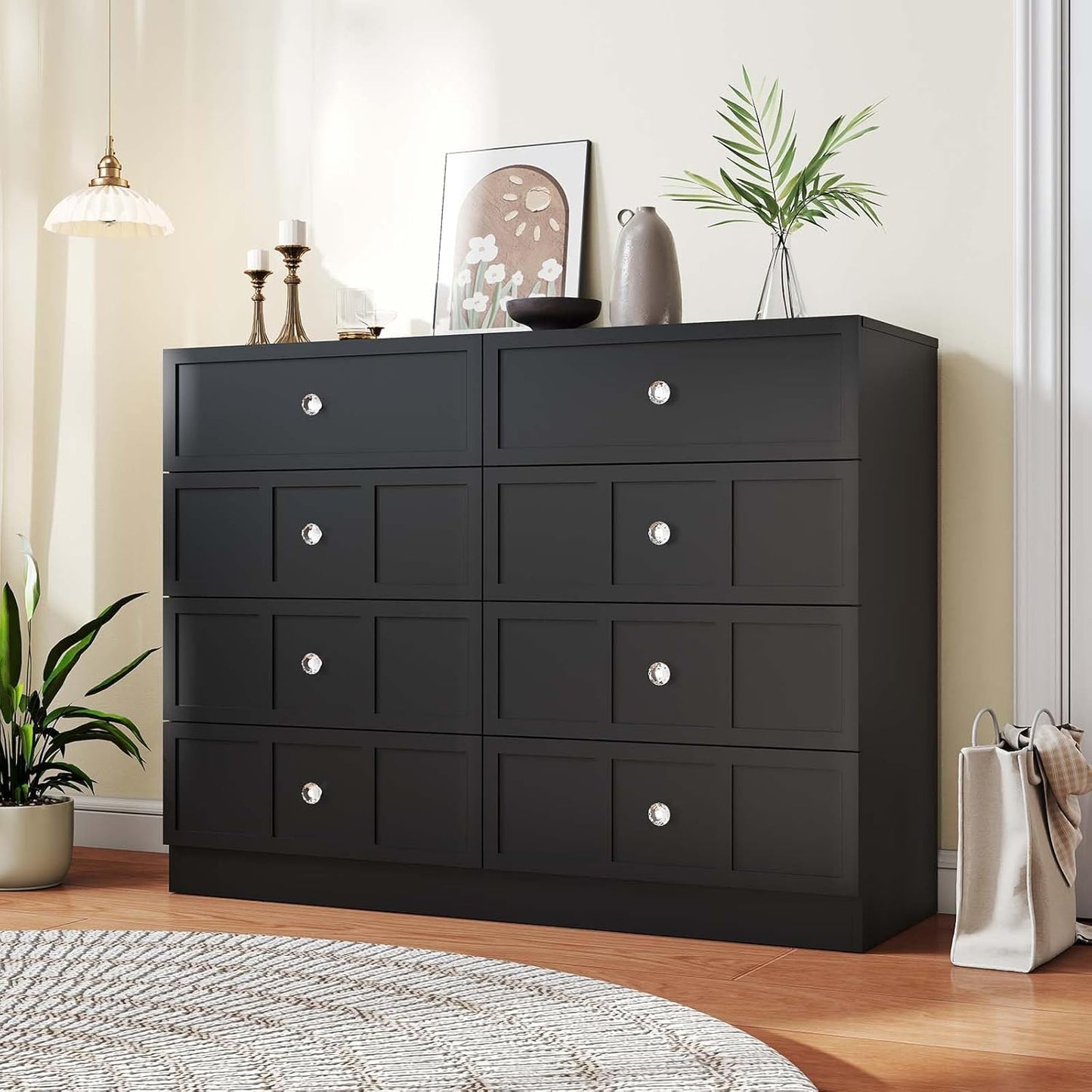 Wood Dresser for Bedroom 8 Drawer: 47" Black Chest of Drawers Wood, Modern Fluted Cabinet with Sturdy Storage, Wide Aesthetic Furniture for Room Organization