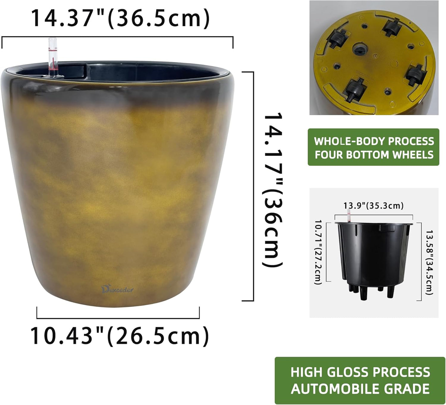 Dexceder 15x14 Self Watering Planter with Wheels Indoor Outdoor, Inner Pot Design, Thickened Large Floor Standing Flower Plant Pot with Water Level Indicator (Yellow Brown Gradient)