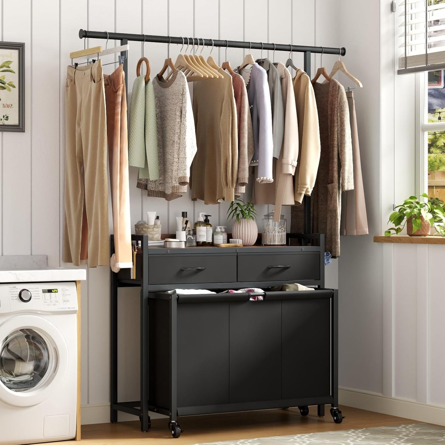 Laundry Sorter Hamper with Hanging Cloth Rack, Laundry Basket with 3 Section Pull-Out Rolling Bags, Laundry Sorter for Organization and Storage with 2 Drawers for Laundry Room (Vinatge Brown)