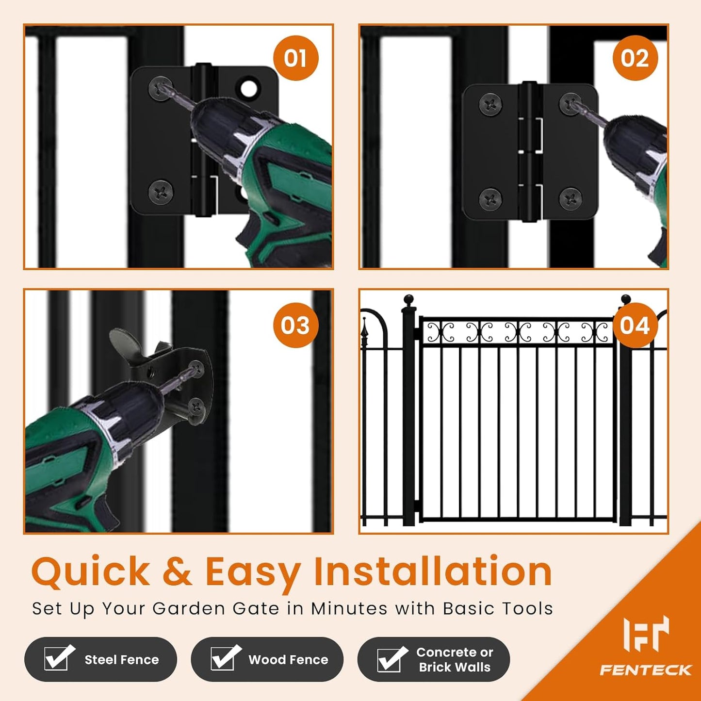 Garden Fence Gate, 3.5' W x 4' H, Decorative Black Wrought Iron Outdoor Gate for Front Yard, Backyard & Patio, Elegant Design with Stainless Steel Hinges & Self-Locking Latch