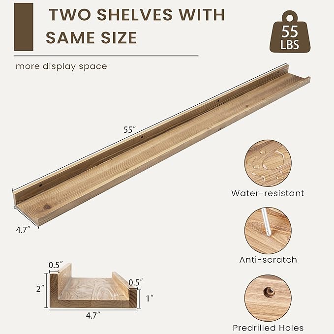 Floating Shelves for Wall, Picture Ledge Shelf 55 Inch Solid Wood Set of 2, Rustic Wall Shelves with Lip, Kids Bookshelf, Photo & Picture Live Edge Floating Shelves for Bedroom, Living Room, Kitchen