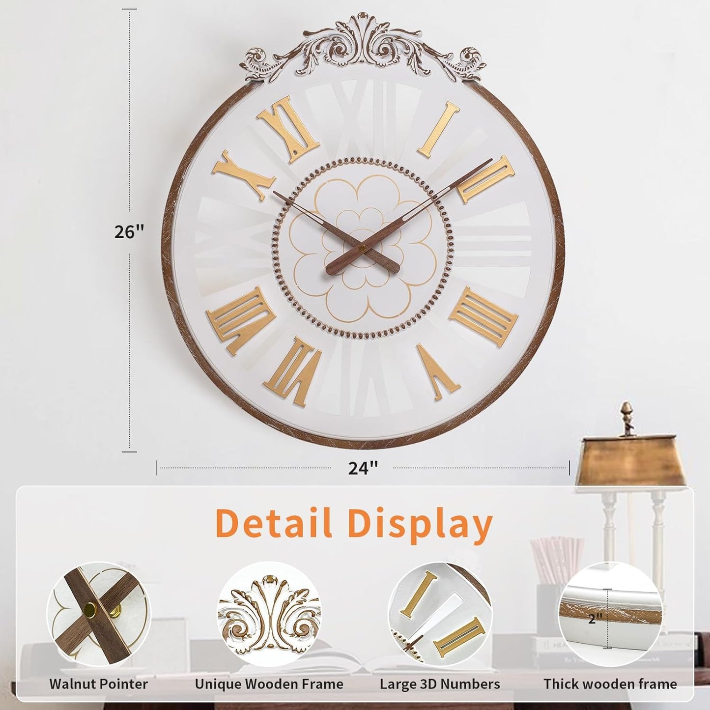 Large Wall Clock–24 Inch Farmhouse Wall Clocks -Big Boho Wood Wall Clock, Silent and Battery Operated Round Rustic Clock for Living Room, Kitchen and Office Decor, White