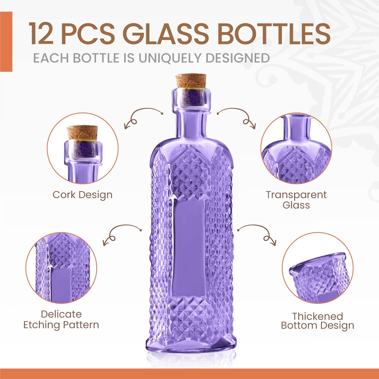 Small Mini Purple Vintage Glass Bottles with Corks, Mini Vases, Decorative Glass Bottle, Potion Bottles, Assorted Design Set of 12 pcs, 4.6 Inch Tall (11.43cm), 1.4 Inch Wide (3.56cm)
