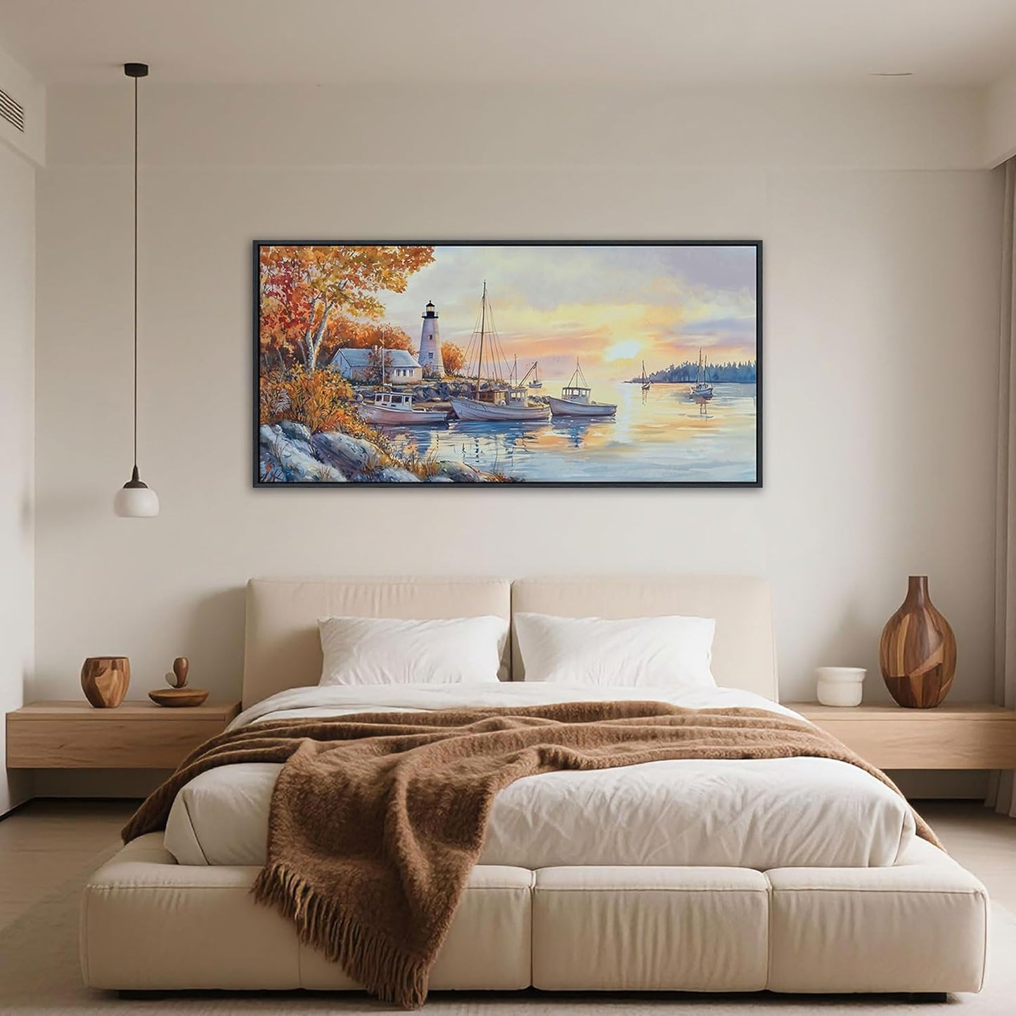 QZQCBLC Harbor Landscape Wall Art, Large Sunset Over the Sea Boat Gallery Pictures Artwork Modern Lighthouse Ocean View Paintings Framed for Living room Bedroom kitchen Home Office Decor 29x58 IN