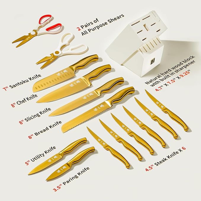 ZHANG XIAO QUAN SINCE 1628 15Pcs Knife Sets with Block, 50Cr15MoV Stainless Steel kitchen knife set with Built-in Sharpener Dishwasher Safe(Golden)