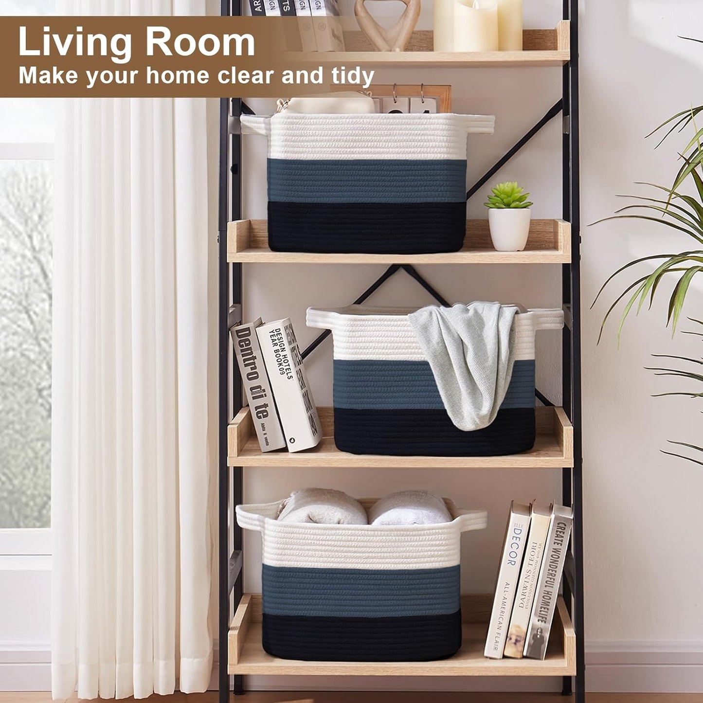 Storage Basket for Organizing, Woven Baskets for Storage, Rectangle Decorative Baskets for Shleves, Closet, Toys, Books, Nursery Organizer Bins - Pack of 3 (Gradient Blue)