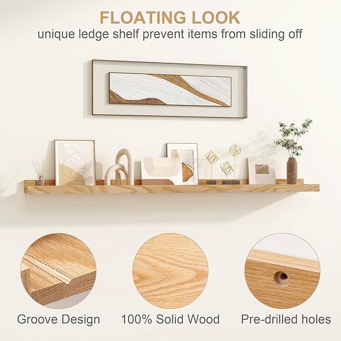 Floating Picture Ledge Shelves 72 Inch Solid Oak Wood Set of 2, Rustic Wall Storage Shelves with Lip, Kids Bookshelf, Photo & Picture Ledge Shelves for Bedroom, Living Room, Kitchen